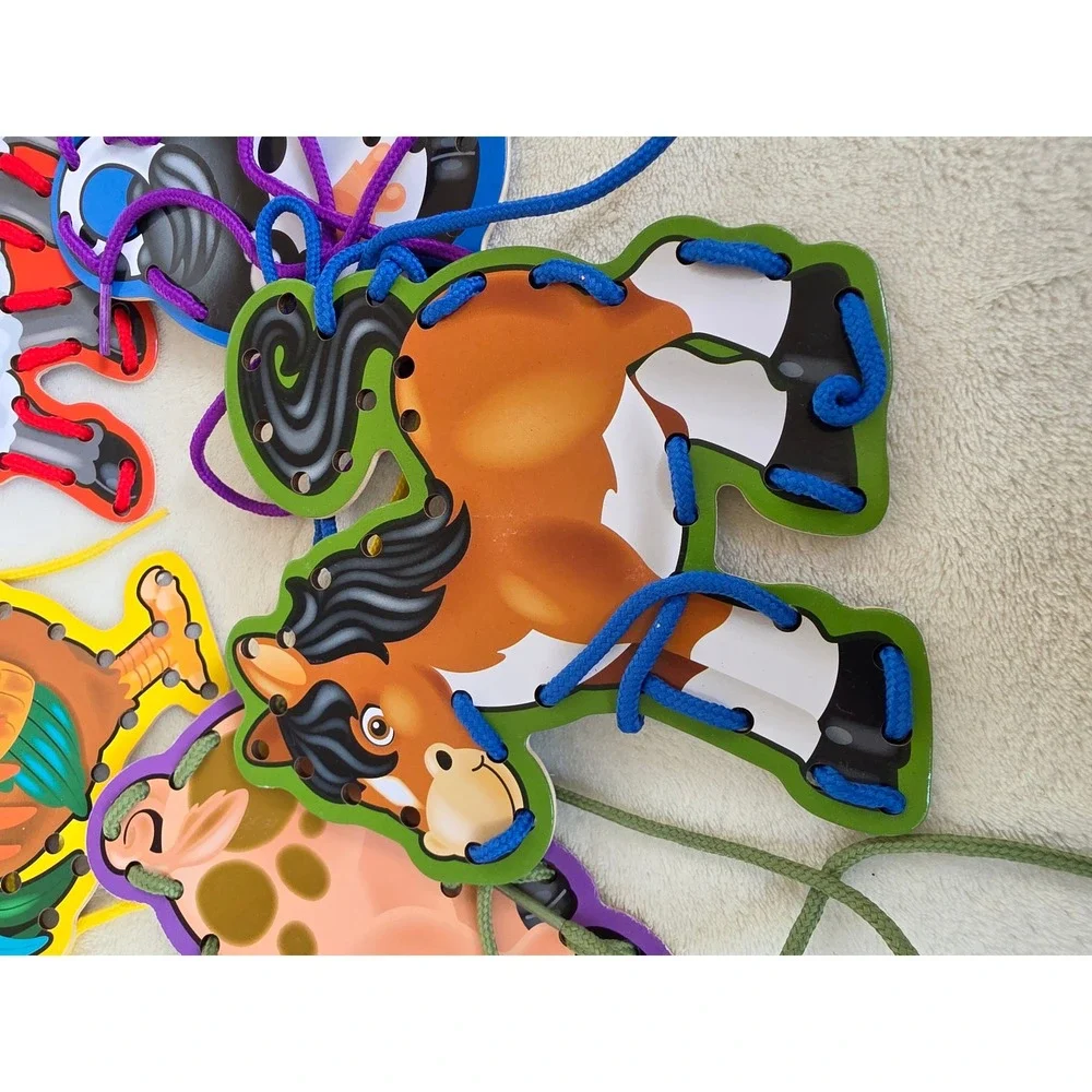 Wooden Farm Animal Lacing Cards Set Montessori Educational Fine Motor Toy 5pc